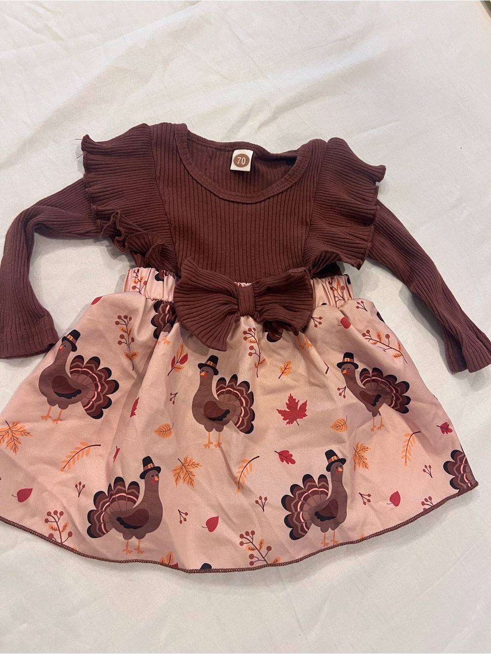 Brown/Beige Ribbed Turkey Print Dress Long Sleeve Snap 0-3M Thanksgiving